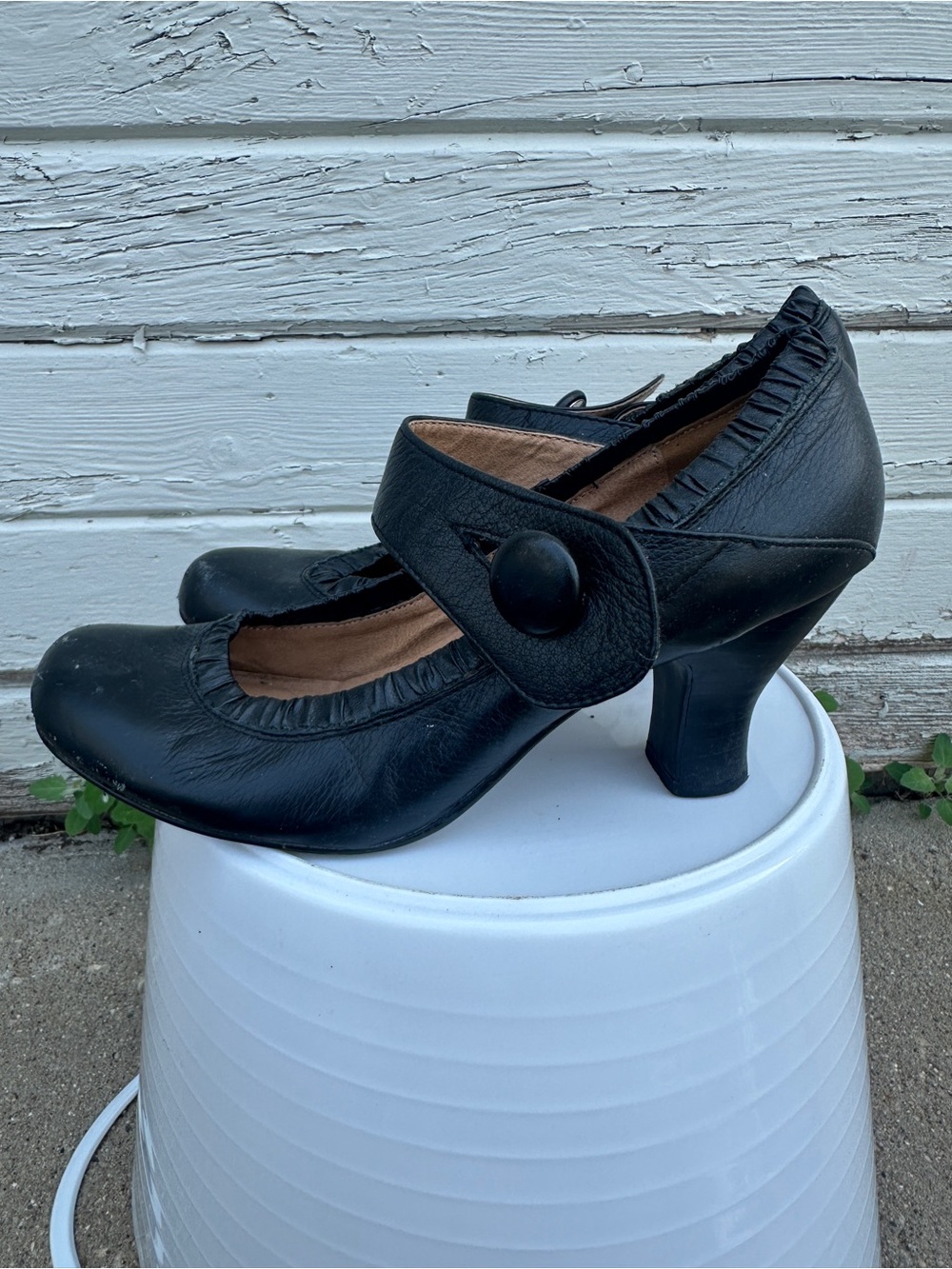 Black Mary Jane Heels with Button Strap - Women